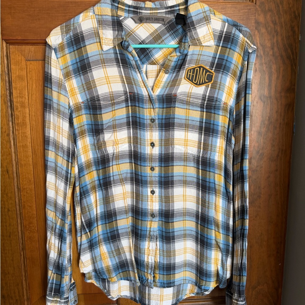 Harley-Davidson Plaid Button-Down Shirt in Blue, Yellow & White